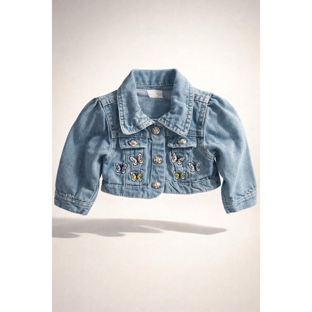 #163 Nannette Baby Denim Jacket Light Blue Embroidered Butterflies 
3-6 Months